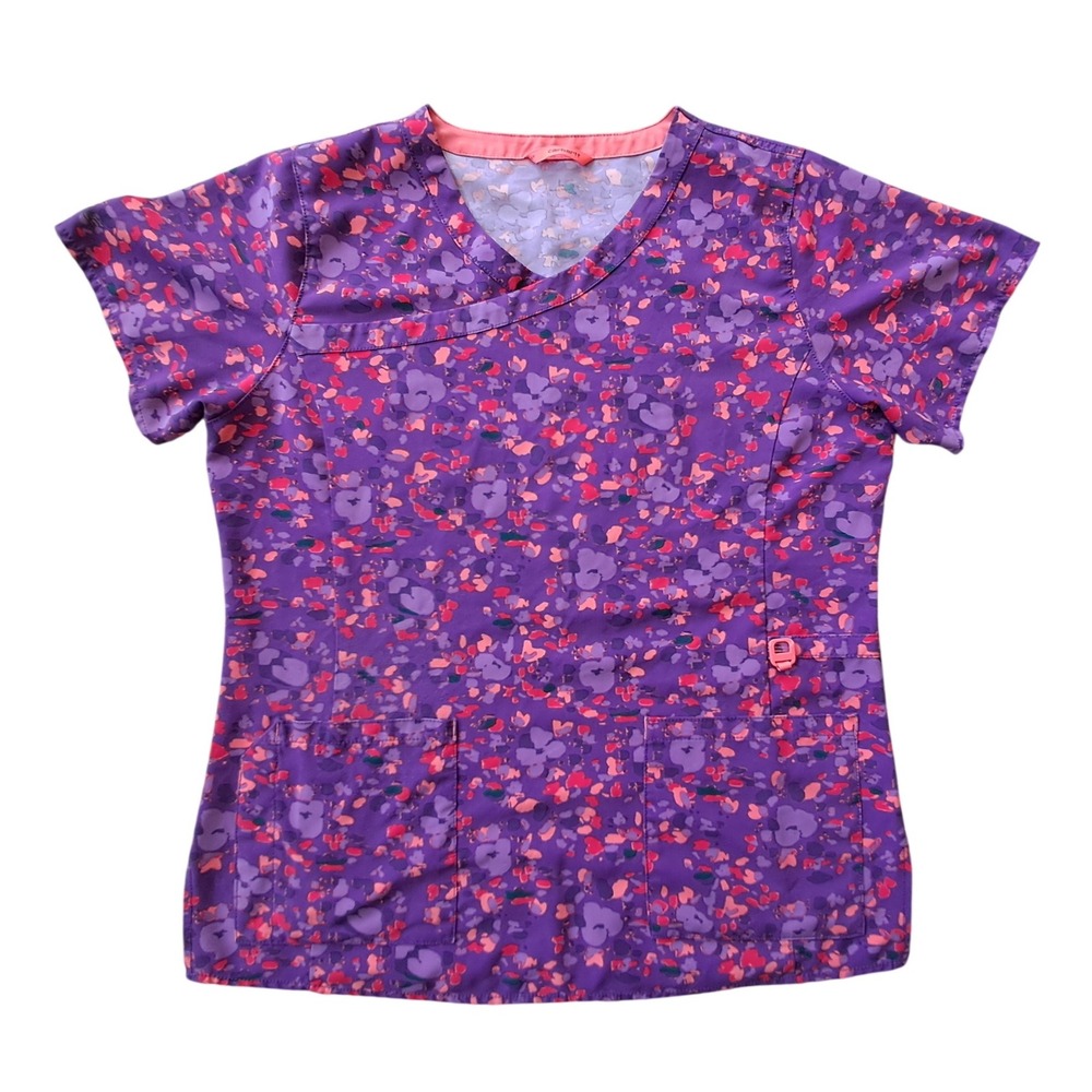 Carhartt Women's Purple Floral Abstract V-Neck Scrub Top C12214 Size Large